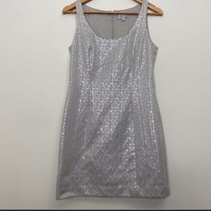 Tahari Arthur S. Levine mini silver dress bodycon sleeveless metallic